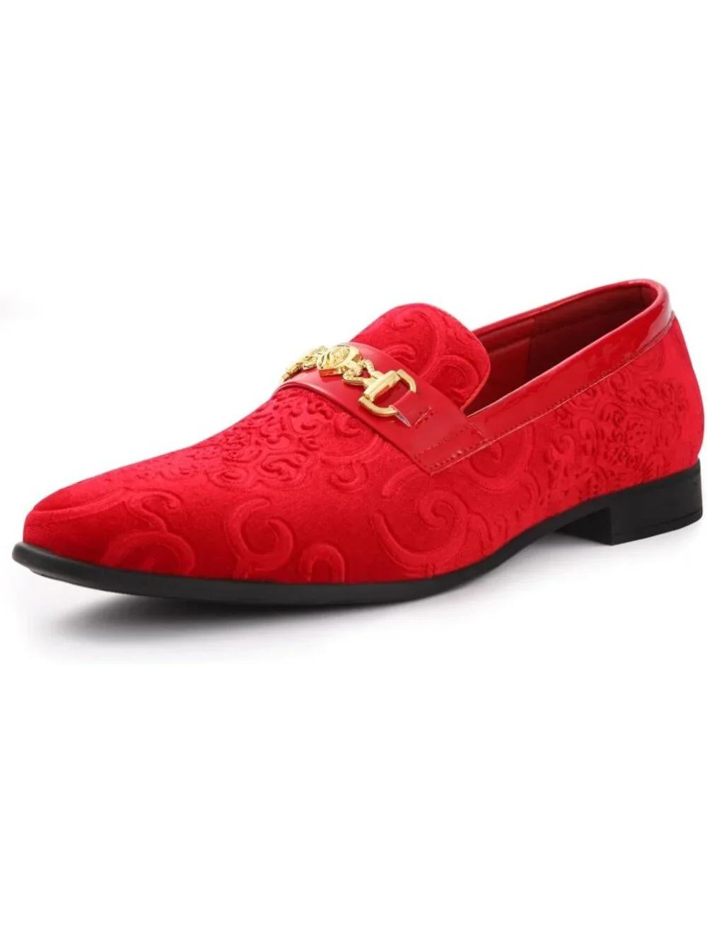 Men's Red Luxury Paisley Velvet Gold Buckle Loafers Slip On Dress Shoes